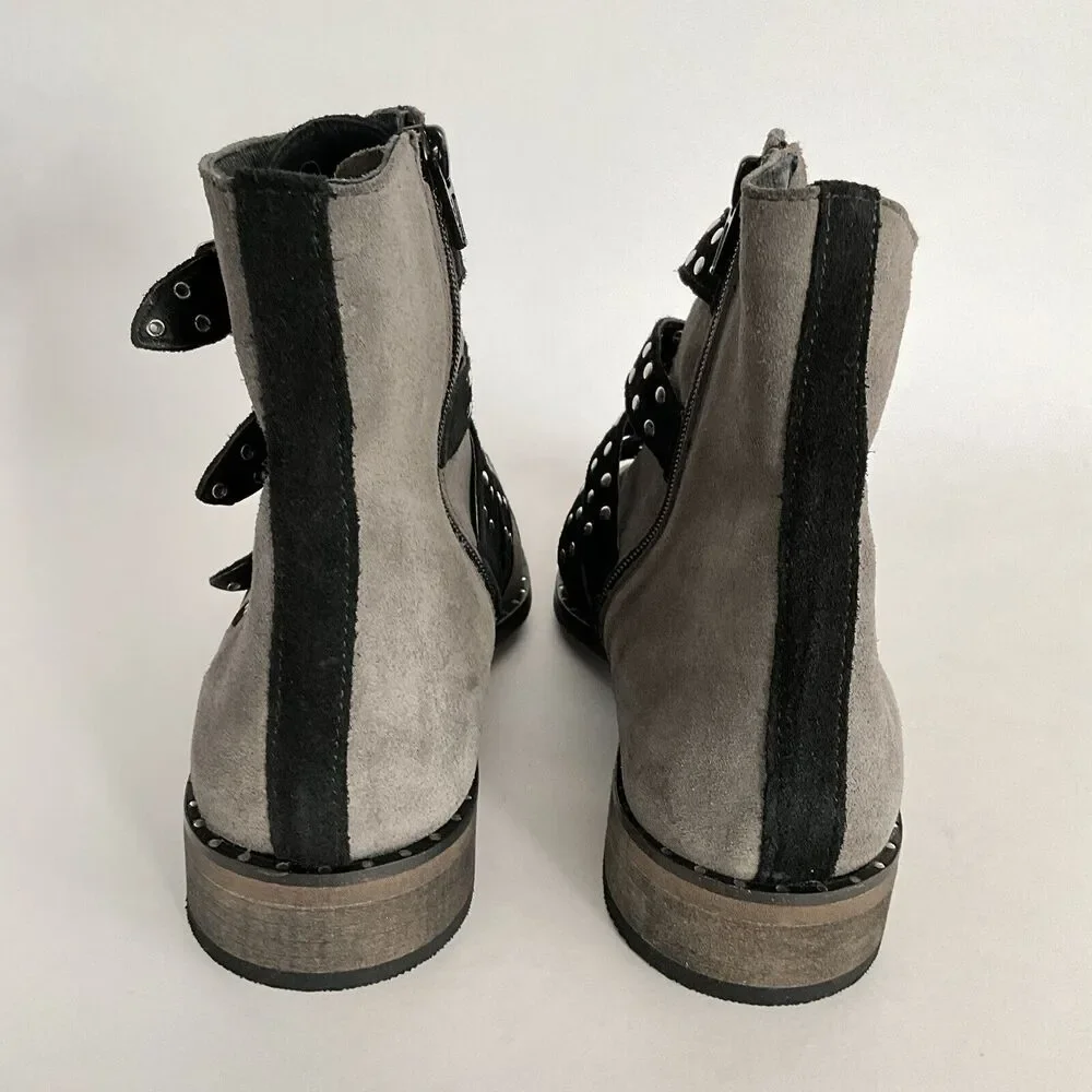 Girotti Suede Quad Buckle Studded Bootie Gray Black 41